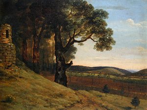 Bir harabe tarafından meşe ağaçları ile Galli manzara (kağıt üzerinde yağ) by Thomas Jones