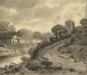Sol ön planda bir kaya ile ormanlık bir nehir manzarası, c.1800
