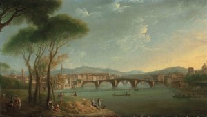 Arno, Floransa, Cascine Bahçelerinden, balık tutan ve ön planda kayaların üzerinde dinlenen figürler, Ponte alla Carità ve ötesinde Ponte Vecchio ile bir görünüm