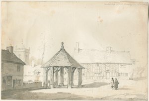 Abbots Bromley Tudor - Market Cross ve House: kurşun kalem ve yıkama çizimi by Thomas Peploe Wood