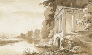 Colwich - Wolseley Köprüsü yakınlarındaki Tapınak: sepya yıkama çizimi, nd [1837-1838] (çizim) by Thomas Peploe Wood