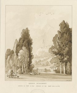 Sandon - William Pitt Anıtı: sepya yıkama çizimi, 1838 by Thomas Peploe Wood