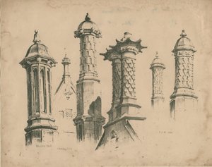 Kalın süpürge Salonu ["Manley Salonu"] - Finials ve Bacalar: litografi, 1838 by Thomas Peploe Wood