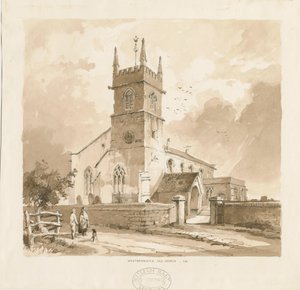 West Bromwich Kilisesi ["Eski"]: karakalem ve yıkama çizimi, nd [1841, cf XII.16b ve WSL, D1986/3] by Thomas Peploe Wood