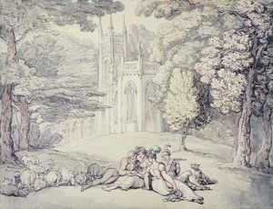 Ön planda bir grup genç ve genç beyefendinin bulunduğu bir kolej yeşili, c.1810-15 (kağıt üzerine kurşun kalem üzerine kalem ve mürekkep ve suluboya) by Thomas Rowlandson