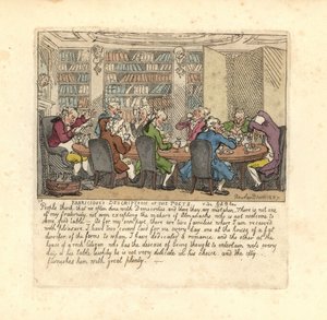 Zengin bir vatandaşın evinde yemek yiyen bir grup yazar. by Thomas Rowlandson