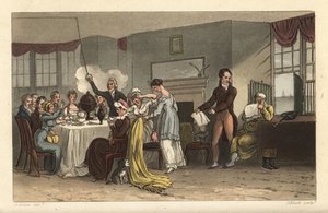 Old Bell Inn, Scarborough Kahvaltı Salonu. Kahve içen, gazete okuyan, Regency odasında kahvaltı eden konuklar. Poetical Sketche
