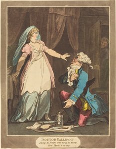 Doktor Gallipot, Servetini Metresinin ayaklarının dibine koyuyor by Thomas Rowlandson