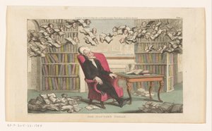 Bir kitaplıkta uyuyan doktor sözdizimi Doktorun Rüyası (nesne üzerindeki başlık) by Thomas Rowlandson