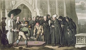 Karısının Cenazesinde Dr Sözdizimi, 1812'de yayınlanan William Combe tarafından 'Pressque arayışında Dr Syntax'ın Turu'ndan (aquatint) by Thomas Rowlandson