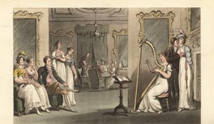İngiliz beyefendi ve bayanlar bir baloda arpçı dinlerken by Thomas Rowlandson