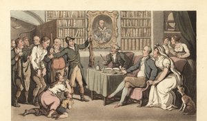 İngiliz bey, çalışma odasında bir kaçak avlanma vakasını dinliyor. by Thomas Rowlandson