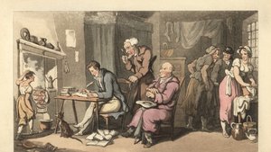 Eskimiş bir salonda bir dilenci mektubu yazan İngiliz beyefendi by Thomas Rowlandson
