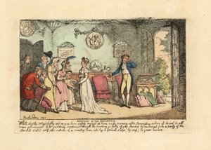 Aptal, taş gibi boş bir akraba tarafından rahatsız edilen şık çift by Thomas Rowlandson