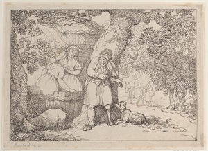 Fiddler, Denizci, İki Kadın ve Bir Kulübenin Yanındaki Domuz, 1816., 1816. by Thomas Rowlandson