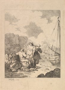 Kıyıdaki Balıkçılar - Kayaların Üzerinde Oturup Pipo İçen Bir Adamla Sahil Manzarası, Nex..., 1786. by Thomas Rowlandson