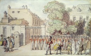 Fransız Askerleri Geçit Töreninde (kalem ve kağıt üzerine sulu boya) by Thomas Rowlandson