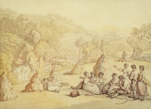Mısır Tarlasında Dinlenen Biçerdöverler, c.1805-10 (kağıt üzerinde yıkamalı kalem ve mürekkep) by Thomas Rowlandson