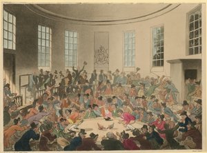 Horoz dövüşünü izleyen bir kalabalığı tasvir eden illüstrasyon by Thomas Rowlandson