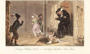 Ünlü bir Cambridge sarhoşu olan James Gordon, bir kolej dekanının evinin önüne şaka olarak bir bebek bırakıyor. Jemmy Gordon's Frolic veya Peter House'daki Cambridge Gambols. The English Spy'dan Thomas Rowlandson tarafından çizilmiş ve oyulmuş, by Thomas Rowlandson