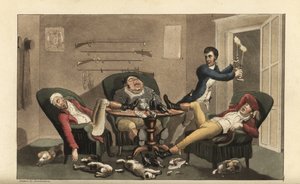 Johnny bir spor finalinde: Şamdanlı Johnny, boş şarap şişeleri ve uyuyan köpeklerle yemek odasında üç sarhoş avcıyı uykuda bırakır. Thomas Rowlandson tarafından William Combe