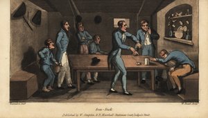 Gemisi yola çıkarken Johnny kabindeki bir kovaya kusar. Başka bir memur, bir ipe bağlı tuzlu su ve bir parça tuzlu domuz eti ilacı önerir. W. tarafından elle boyanmış bakır levha gravürü, Alfred Burto