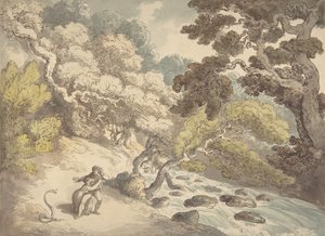 Akan dere ile manzara ve kıyıda bir çift, bir yılandan korkmuş, 1775-1827. by Thomas Rowlandson