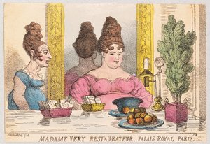 Madame Very, Lokantacı, Palais Royal, Paris, pub. 1814 (el renkli gravür) by Thomas Rowlandson