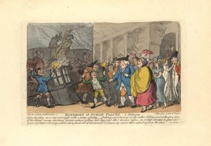 Yağmurda kalabalığın içinde araba arayan erkek ve bayanlar. by Thomas Rowlandson