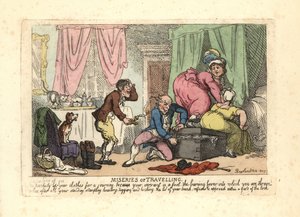 Adam ve iki kadın dolu bir bagajı kapatamıyor. by Thomas Rowlandson