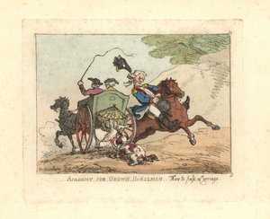 Bir arabanın yanından geçerken bineğinin kontrolünü kaybeden adam. by Thomas Rowlandson