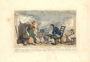 Dumanlı bir odada ateşin önünde körük kullanan adam. by Thomas Rowlandson