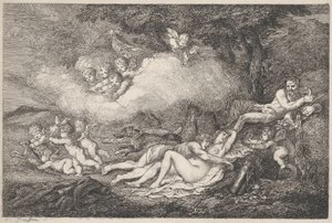 Putti ile Mars ve Uyuyan Venüs, 1799., 1799. by Thomas Rowlandson