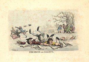İnce buz üzerinde paten yapan ve dondurucu bir suya düşen kadın ve erkek by Thomas Rowlandson
