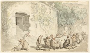 Keşişler Dışarıda Yemek Yiyor (recto); Köy Sokağı (verso) by Thomas Rowlandson