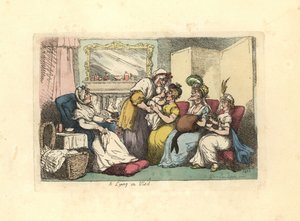 Yeni doğmuş bebeği olan anne bir salonda birkaç kadın tarafından ziyaret edildi. by Thomas Rowlandson