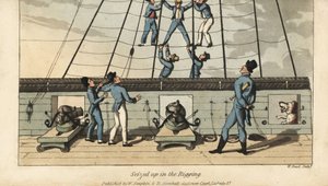Deniz geçiş ayini: Johnny, denizciler tarafından armada ele geçirilir ve dağılır. W. tarafından elle boyanmış bakır levha gravür, Thomas Rowlandson