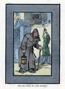 Elinde feneri ve sopasıyla gece bekçisi, arkasından bir eve giren iki hırsıza aldırmadan (1819). The Cris of London