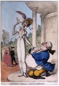 Bir tüberküloz hastasına kur yapan obez adam: ödem ve verem, 19. yüzyılın başları (karikatür)