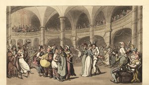 Büyük bir tiyatroda maskeli bir baloda kostümlü eğlenceciler by Thomas Rowlandson
