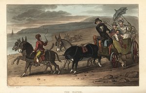 Kumlar: Sahilde eşekler tarafından çizilen bir baroştaki turistler. Scarborough, Ackermann, Londra