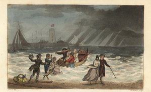 Su Partisi: turistler kötü hava koşulları nedeniyle deniz yolculuğunu terk eder. Thomas Rowlandson tarafından elle boyanmış bakır levha gravür, J.C. Stadler tarafından aquatint, J. Green