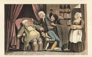 Yetim Johnny, babası Dr. Syntax ile tekrar bir araya geldi. Yaşlı adam gutu yatıştırmak için ayaklarını ılık su dolu kovalara sokuyor. Kitapçı, aşçı ve Betty Broom seyrediyor. William Combe