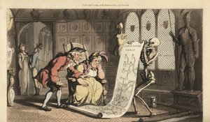 Kum saati ile iskelet Ölüm, hanedan kalkanları ve zırh takımları olan bir odada iki yaşlı aristokrat Geneologa bir soy tablosu gösteriyor. İngiliz Ölüm Dansı