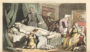Rahip, karısı ve çocuğu tarafından yas tutulan İyi Bir Adamın cesedi için dua ederken, Ölümün iskeleti Doktor için gelir. İngiliz Ölüm Dansı, Ackermann, Londra