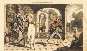 Pelerinli Ölüm iskeleti, dans hocası dehşete düşmüş gibi görünürken kırılgan Caelia ile son bir vals yapıyor. İngiliz Ölüm Dansı, Ackermann, Londra'dan Thomas Rowlandson tarafından çizilmiş ve oyulmuş elle boyanmış bakır levha by Thomas Rowlandson