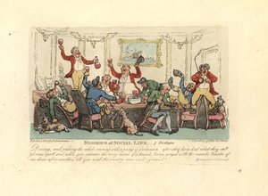 Tilki avcılarıyla gürültülü bir akşam yemeğinde yorgun ve sarhoş bir adam. by Thomas Rowlandson