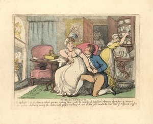 Bir salonda meraklı hizmetçiler tarafından rahatsız edilen iki sevgili. by Thomas Rowlandson