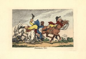 Gösterişten sonra atlarından düşen iki adam. Gösteriş yapmak. by Thomas Rowlandson