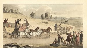 Genç İngiliz beyler yolda dört atlı arabalarla yarışıyorlar. by Thomas Rowlandson